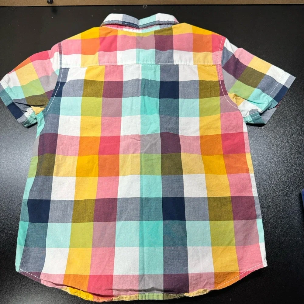 Gymboree Boys Rock Yellow‎ Blue Magenta Checkered Shirt Size S 5/6 Short Sleeve
